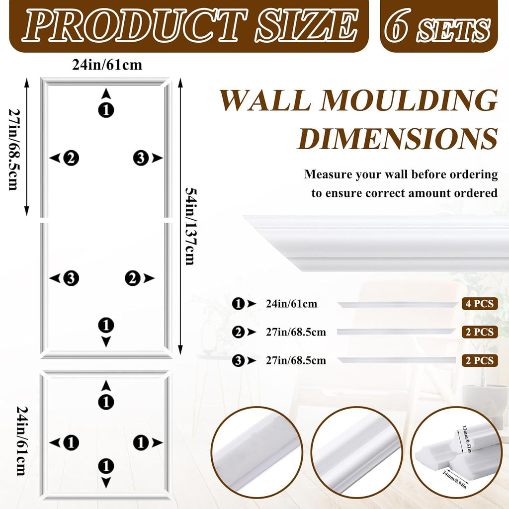 Pangda Peel and Stick Wall Molding Kit, 3D Premade Accent Molding Wainscoting Panel for Interior Wall Moulding Decor, Ready to Assemble Wainscoting Accent Panel(6 Set,24 x 54 in)