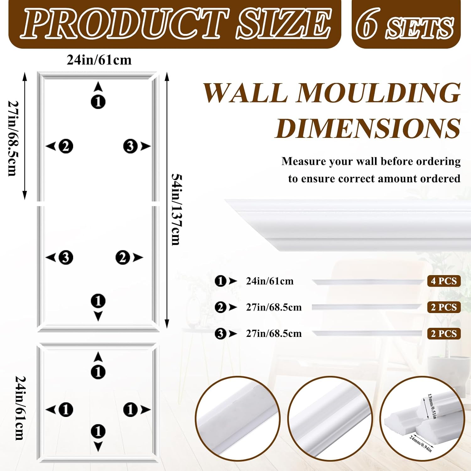 Pangda Peel and Stick Wall Molding Kit, 3D Premade Accent Molding Wainscoting Panel for Interior Wall Moulding Decor, Ready to Assemble Wainscoting Accent Panel(6 Set,24 x 54 in)