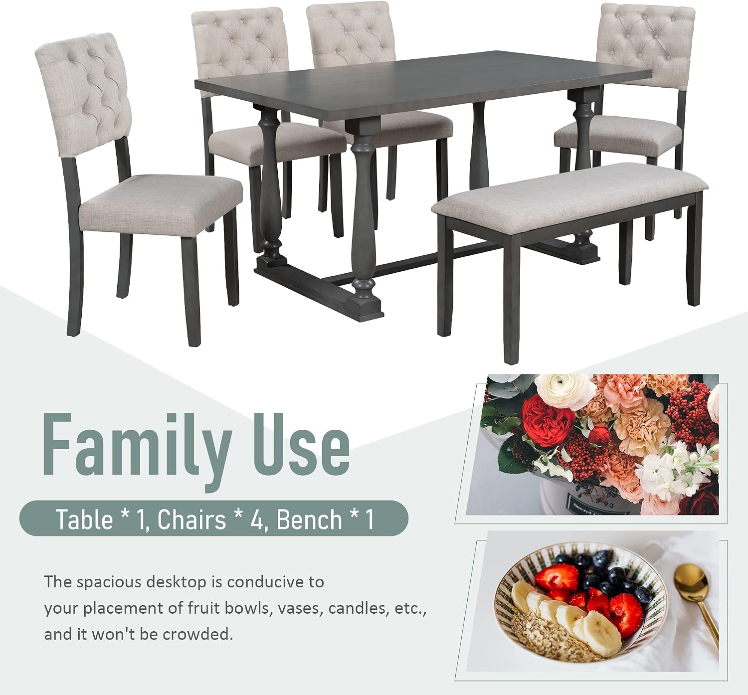 6 Pieces Dining Table Chair Set, Rectangle Dining Table with 4 Upholstered Chairs & a Bench, Wood Kitchen Table Chairs Set for 6 Persons, Modern Style Dining Room Set (Gray+ Beige)