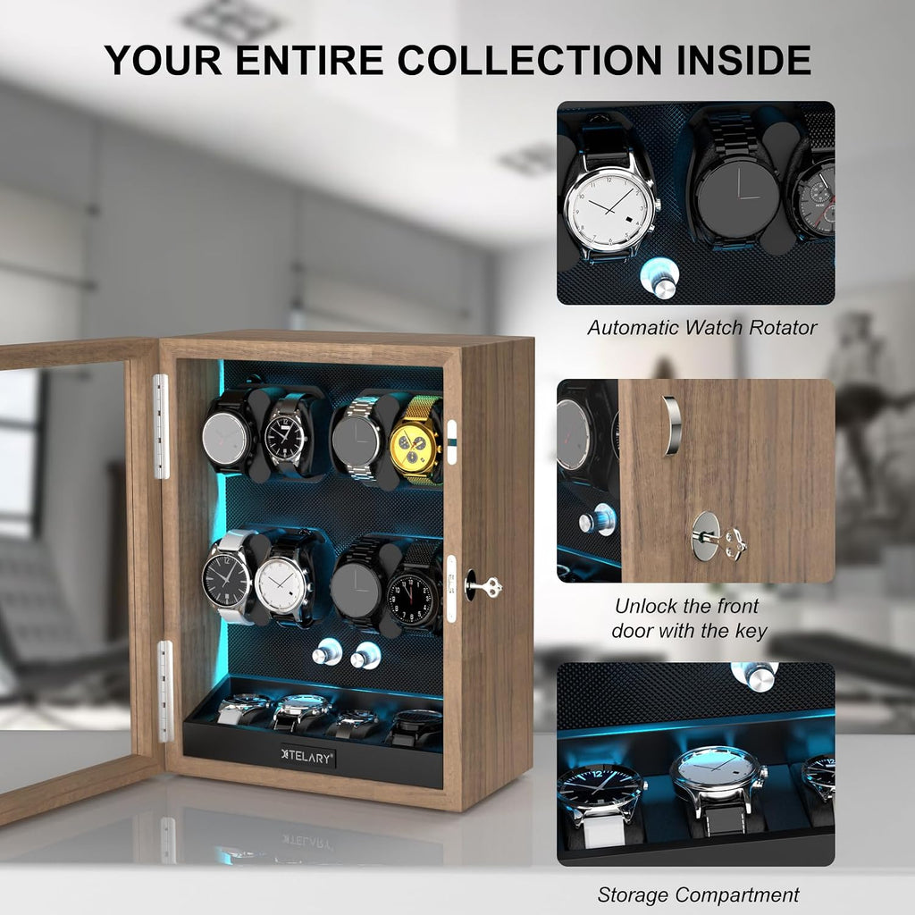 XTELARY Lockable Automatic Watch Winder - 4/6/8/12 Watch Storage, 4 Rotation Modes, Quiet Motor, Backlight