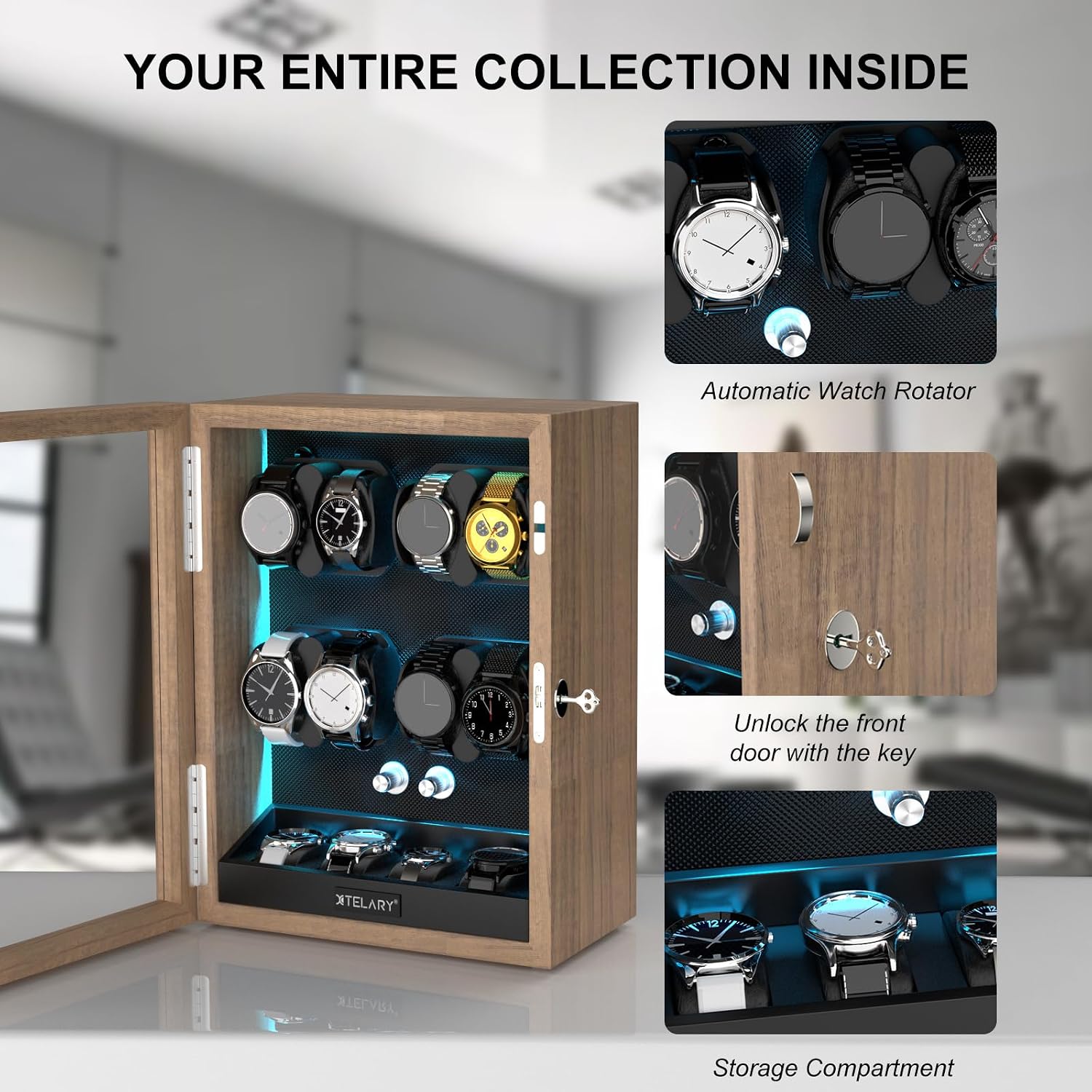 XTELARY Lockable Automatic Watch Winder - 4/6/8/12 Watch Storage, 4 Rotation Modes, Quiet Motor, Backlight