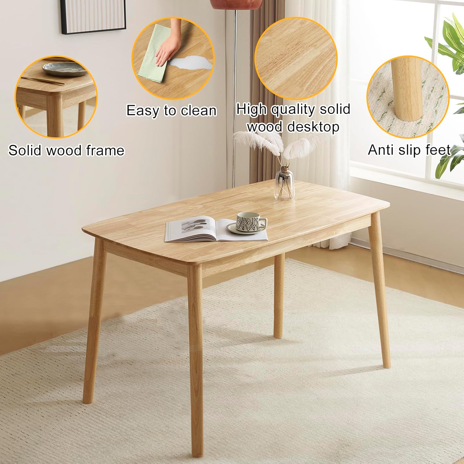 Karl home Mid-Century Modern 5-Piece Wood Dining Table Set for 4, Compact Mid-Century Modern Kitchen Table and Chairs for Kitchen/Small Apartment/Dining Room, Padded Seats & Backrests (Nature)