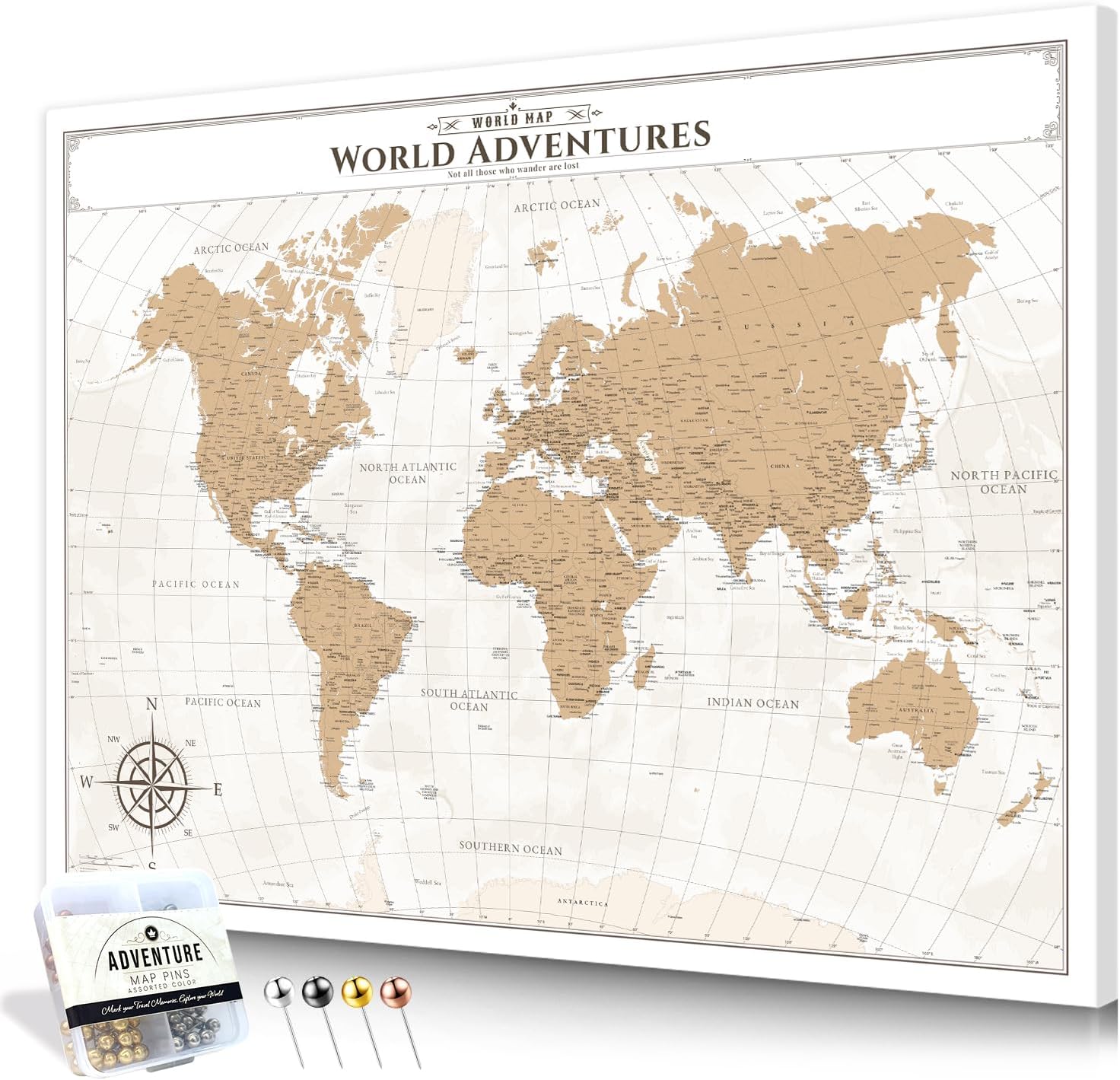 IPIC - Vintage World Map Pin Board Canvas Wall Art, Travel Map with Pins Included, Ready to Hang for Home or Office, 40x30 Inch