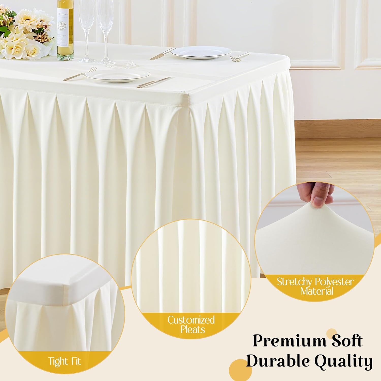gogoparti Table Skirts for Rectangle Tables 6ft, 8 Pack Ivory Table Covers for 6 Foot Tables Wrinkle Free Stretch Table Cloths with Pleated Skirt Fabric for Banquet, Party, Wedding