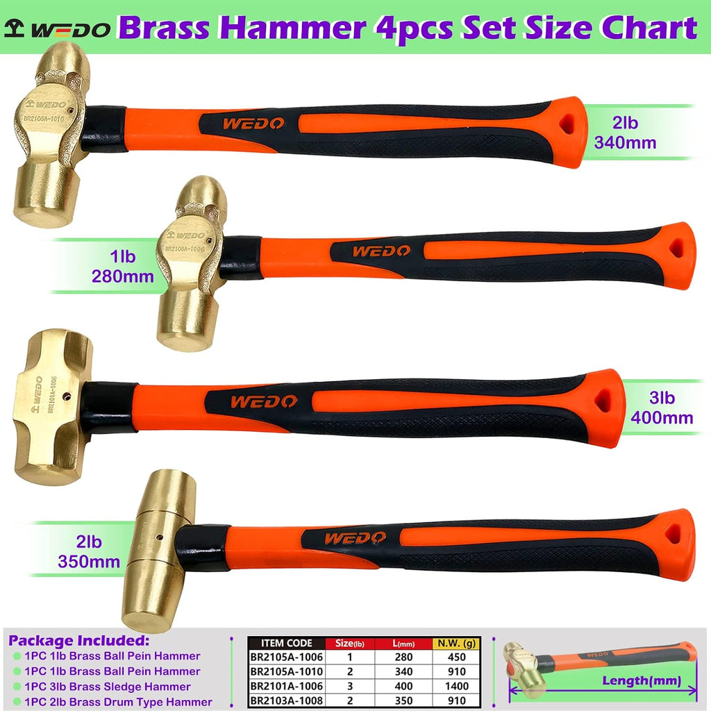 WEDO 4PCS Hammer Set,3lb Sledge Hammer,1lb Ball Pein Hammer,2lb Ball Pein Hammer,2lb Drum Type Hammer,Brass,Fiberglass Handle,Die-Forge,Corrosion Resistant