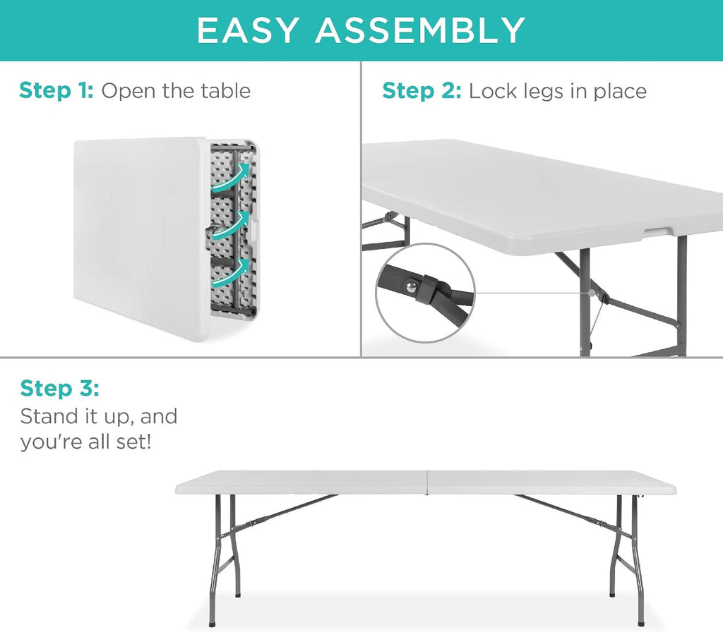 Best Choice Products 8ft Plastic Folding Table, Indoor Outdoor Heavy Duty Portable w/Handle, Lock for Picnic, Party, Pong, Camping - White