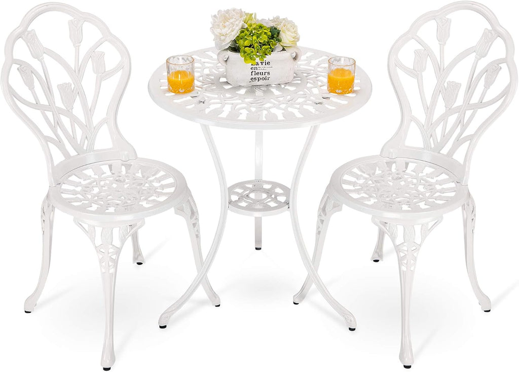 HOMEFUN Bistro Table and Chairs Set of 2 Outdoor 3 Piece Patio Set Tulip Pattern Cast Aluminum Bistro for Garden Balcony, Durable Rust All-Weather Resistance (White)