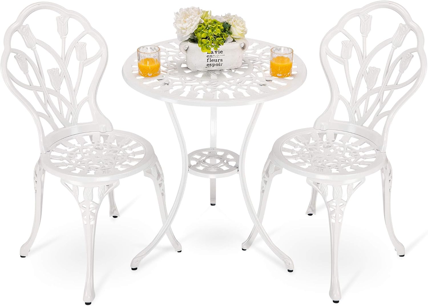 HOMEFUN Bistro Table and Chairs Set of 2 Outdoor 3 Piece Patio Set Tulip Pattern Cast Aluminum Bistro for Garden Balcony, Durable Rust All-Weather Resistance (White)
