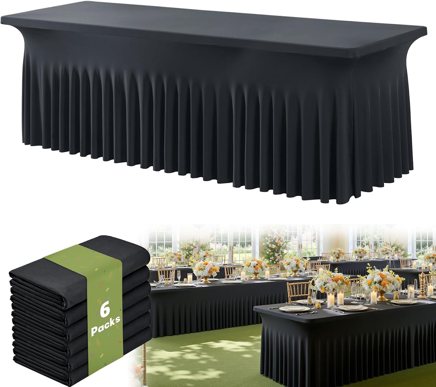 6pk Black 8ft Spandex Tablecloths for Rectangle Tables, Wrinkle Free Wavy Black Table Skirt Stretchy Fitted Table Cloth Covers 8 Foot for Weddings Birthday Party Events Banquette Baby Shower