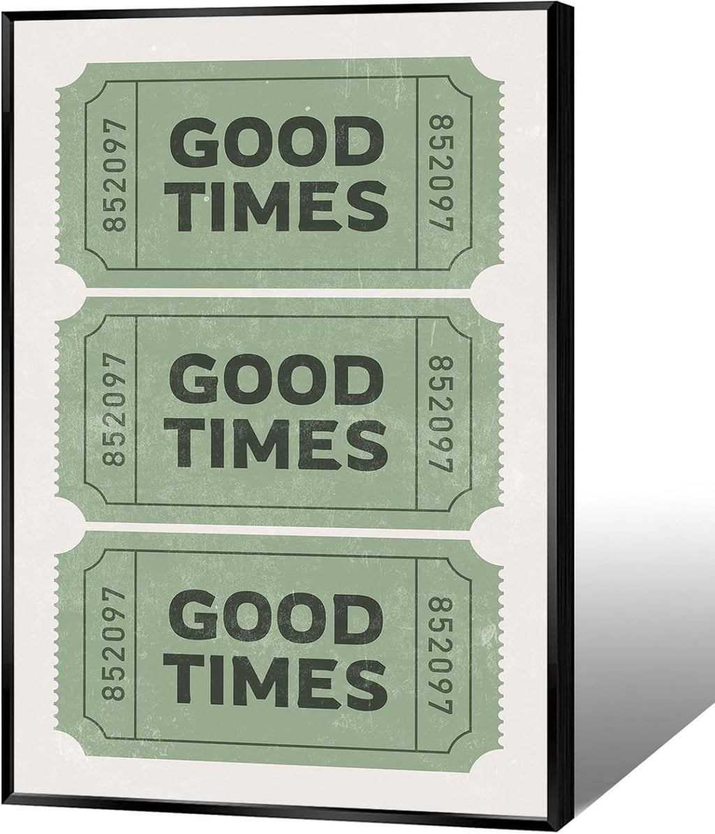 Vintage Funky Green Good Times Ticket Wall Art Print Poster Retro Preppy Room Aesthetic Canvas Wall Art Prints For College Dorm Bathroom Apartment Wall Decor 24x36in Framed