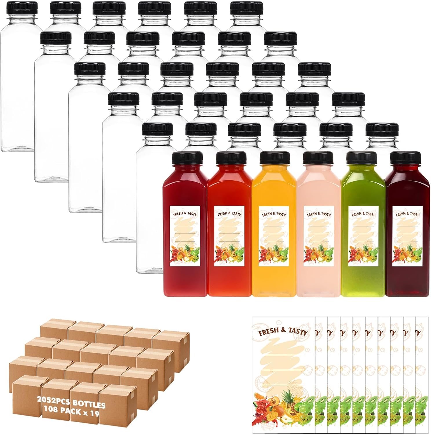 BAKHUK 2052pcs 16oz Empty Plastic Juice Bottles with Caps, Plastic Water Bottles with lids, Reusable Clear Bulk Beverage Containers for Juice, Milk and Other Beverages