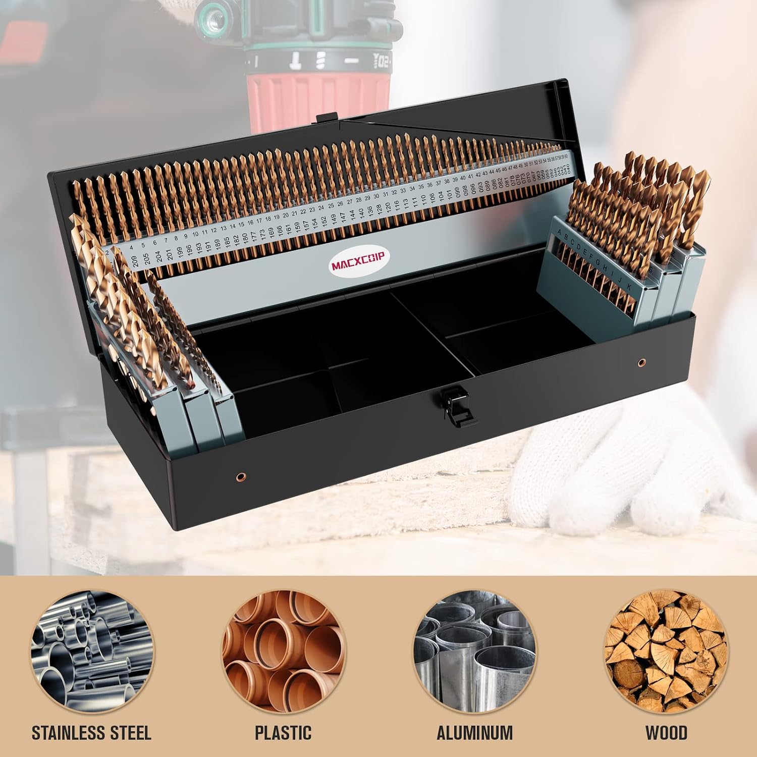 Cobalt Drill Bit Set, 115Pcs M35 High Speed Steel Bits for Hardened Metals, Stainless Steel, Cast Iron and Wooden Plastics, with Metal Index Storage Box