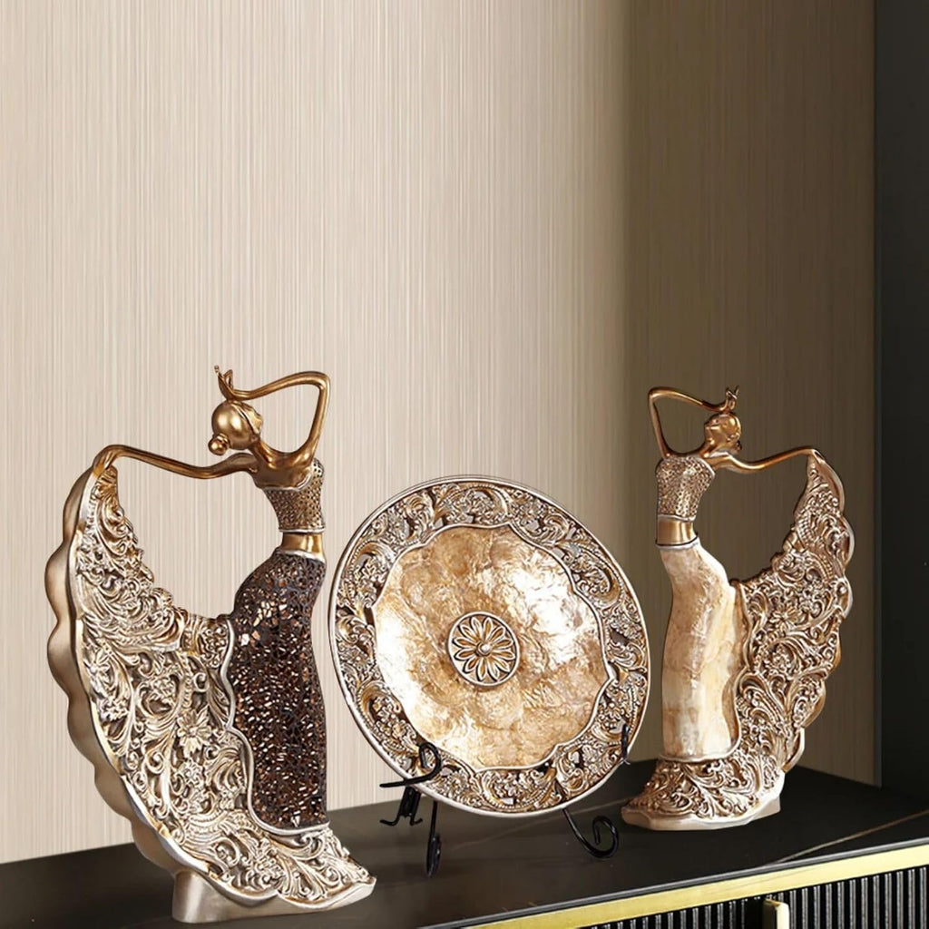 homary 3PCS Peacock Dancer Figurines Statue Vintage Romantic Resin Sculpture Set Decorative Ornaments for Office Desktop Bookshelf Decor, Gold