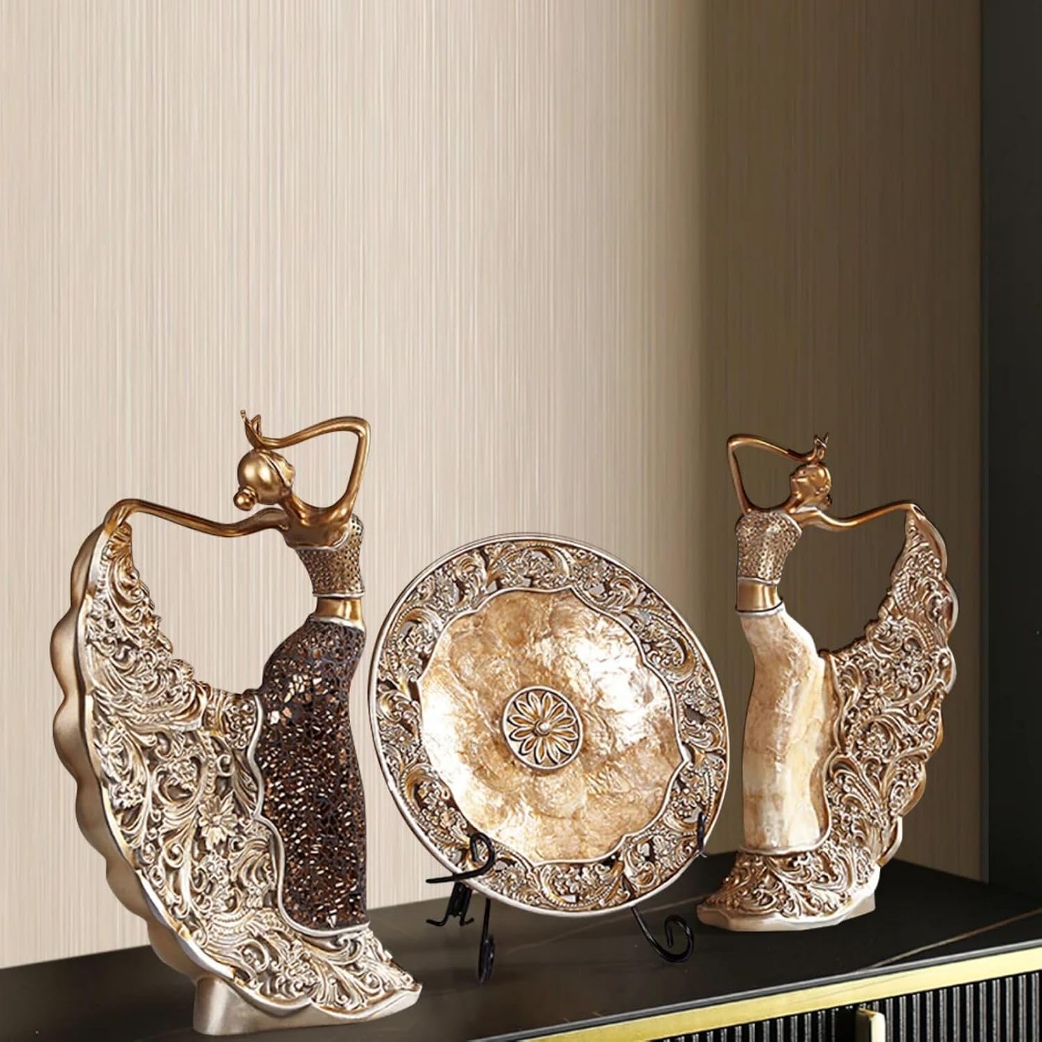 homary 3PCS Peacock Dancer Figurines Statue Vintage Romantic Resin Sculpture Set Decorative Ornaments for Office Desktop Bookshelf Decor, Gold