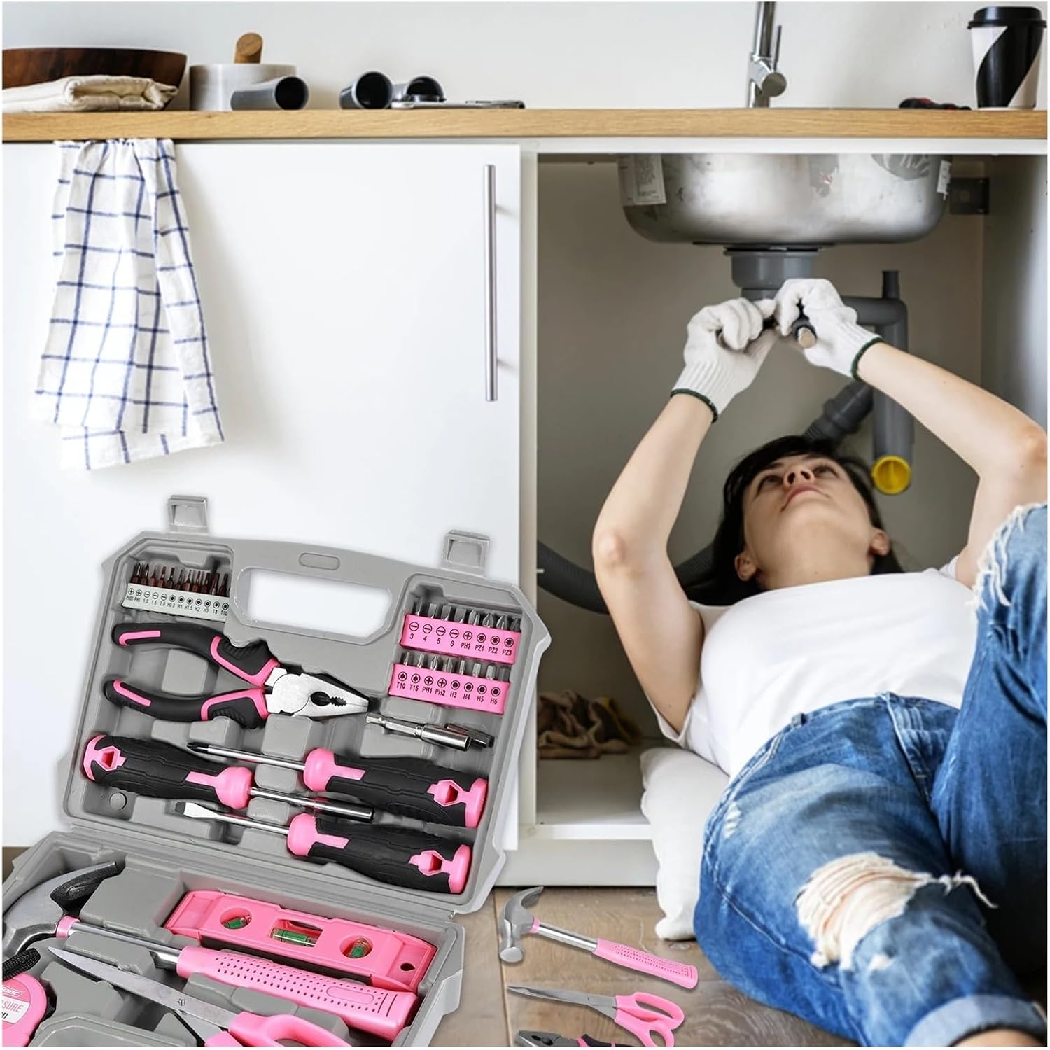 37/13Pcs Household Repair Tool Kit Multipurpose Home Hand Tool Set with Storage Case Pink Hammer Screwdriver Set Measuring Tool (Color : 37PCS as show)
