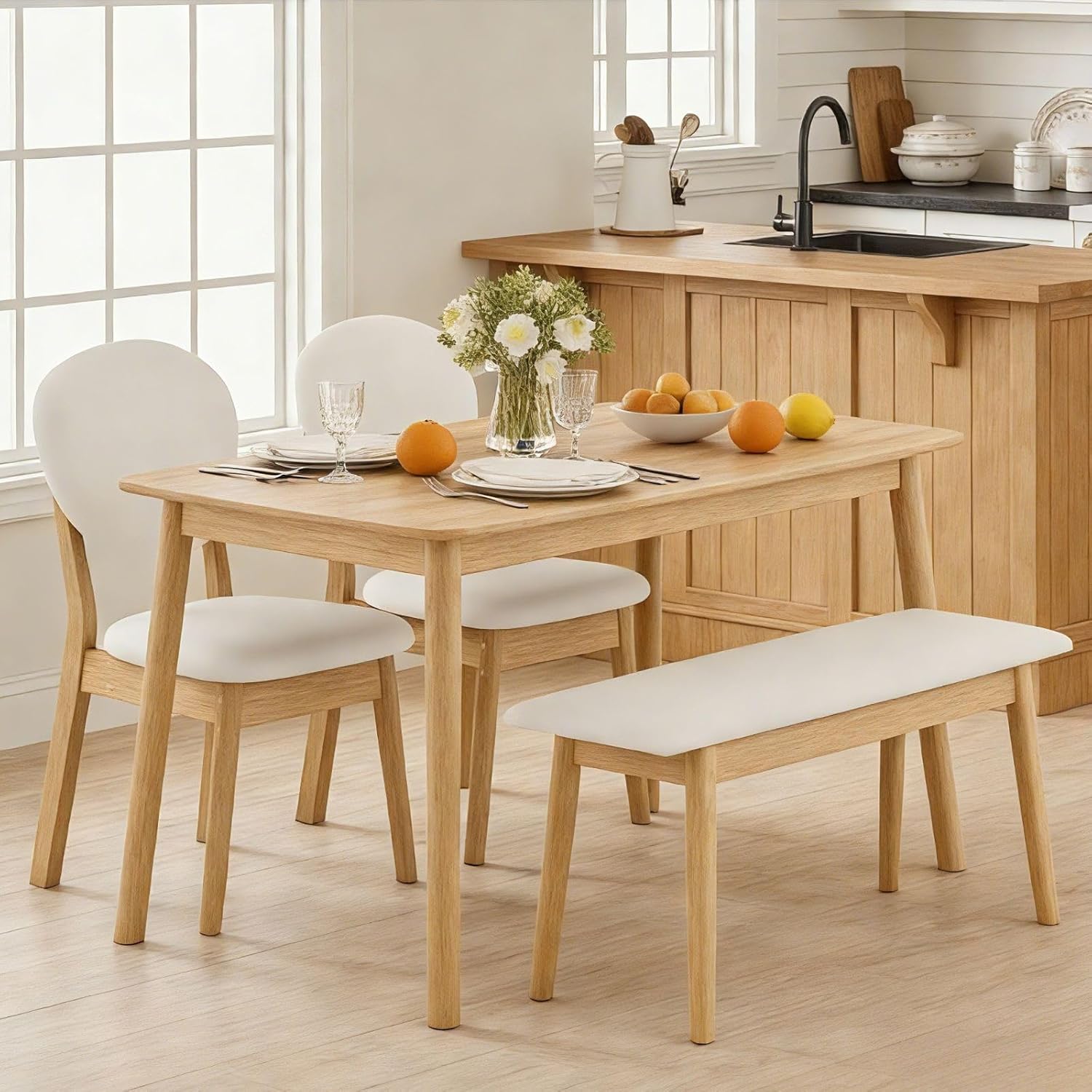 Karl home Dining Table Set for 4, w/ 2 Upholstered Chairs, Bench Seat, 4-Piece Dining Set, Compact Mid-Century Modern Kitchen Table and Chairs for Kitchen/Small Apartment, Solidwood, Nature