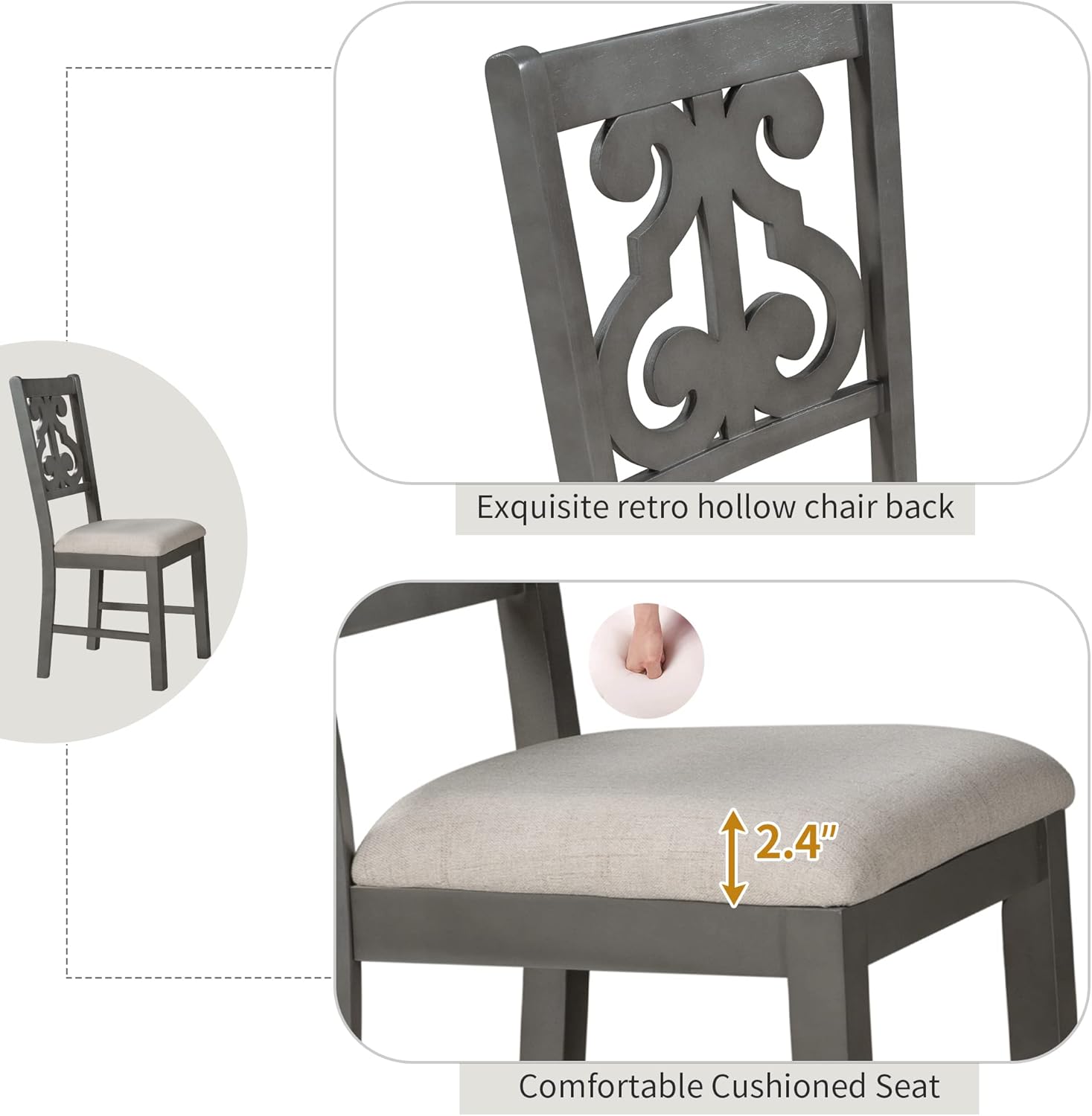 Harper & Bright Designs Retro Style Round Kitchen Dining Table Set for 4, 5 Piece Round Dining Table and 4 Fabric Chairs with Special-Shaped Table Legs and Storage Shelf, Gray