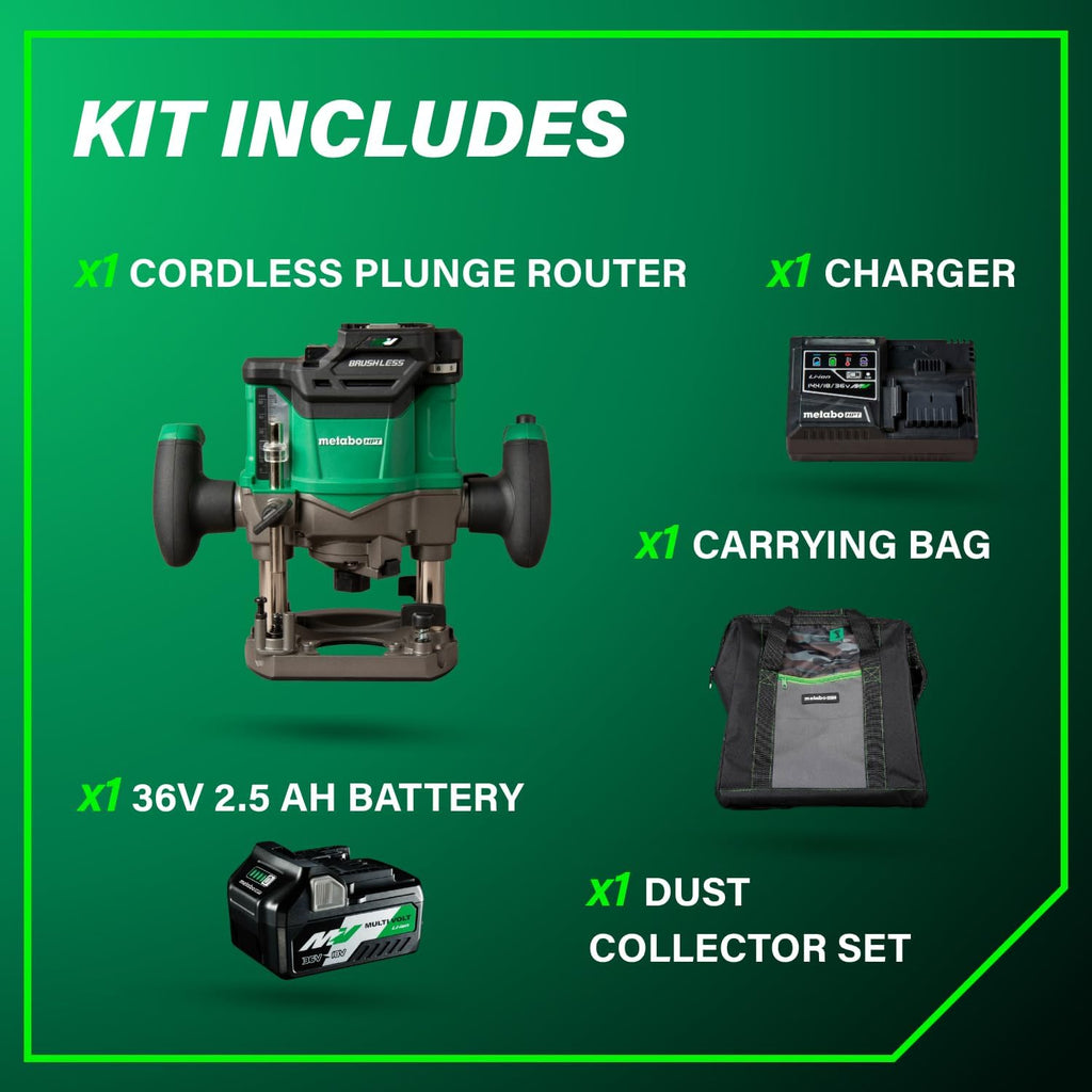 Metabo HPT Cordless Plunge Router, 36V Variable Speed Router, Up to 46 Feet per Minute, Lightweight Design at 6.9 lbs, LED Work Light, 2020 Pro Tools Innovation Award Winner, M3612DA