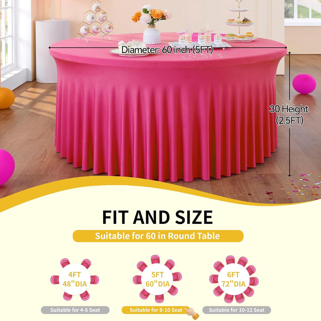 Outpain 6 Pack Spandex Hot Pink Round Tablecloths for 60in Tables, 120Inch Stretchy Fitted 5FT Round Table Clothes,Wrinkle Free Table Cover with Skirt for Wedding Party Dining Banquet