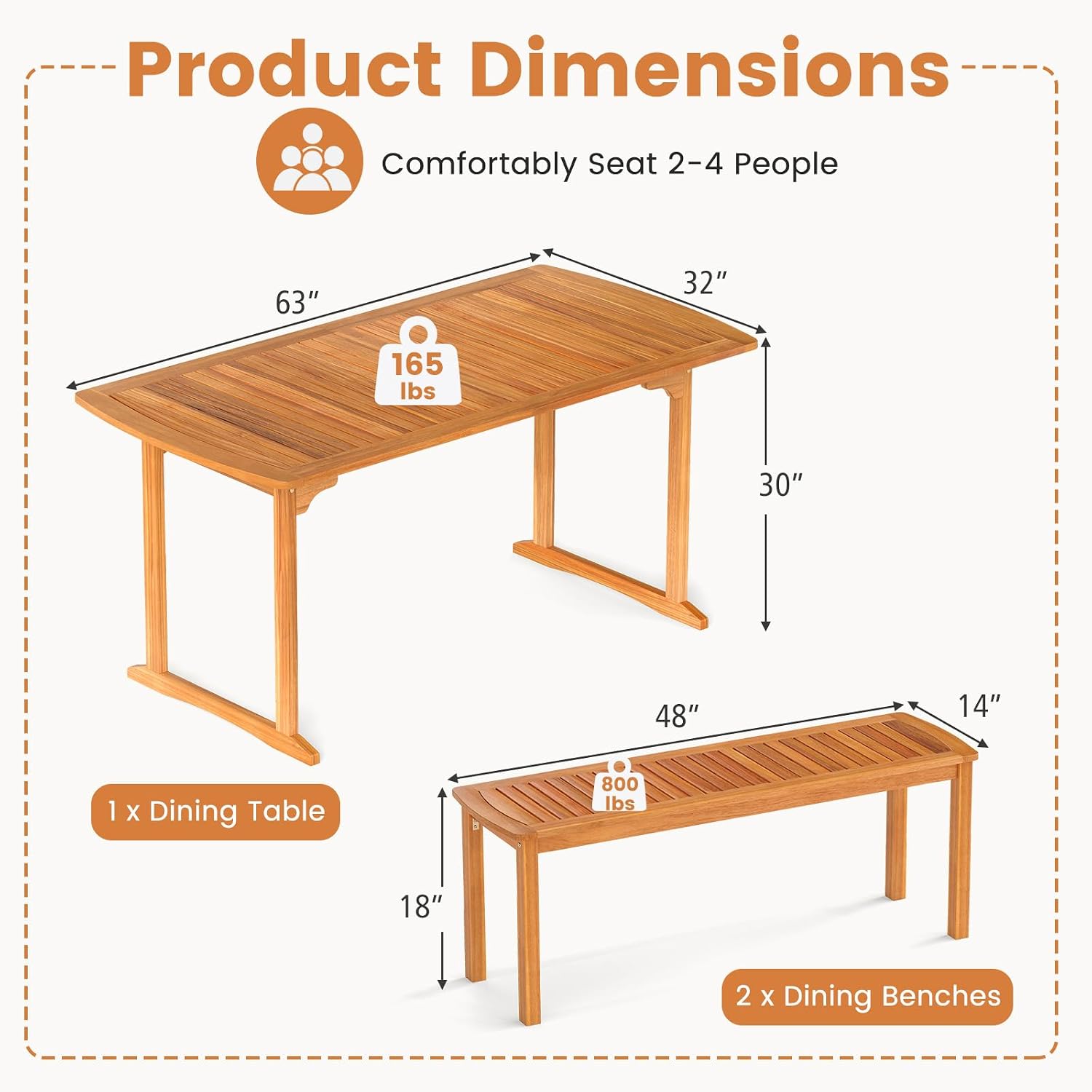 Tangkula 3 Piece Acacia Wood Patio Dining Table Set, 63' Large Patio Table & 2 Backless Benches w/Umbrella Hole, Farmhouse Indoor Outdoor Diner Furniture for Garden Poolside Deck Kitchen