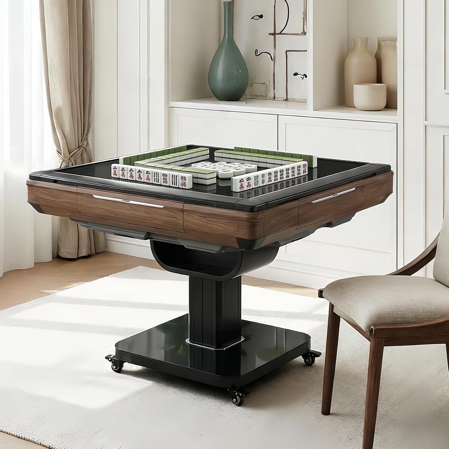 Foldable Ultra-Thin Automatic Mahjong Table with Wheels, Mahjong Table Set with American Chinese & Filipino Style 42mm Numbered Tiles (with Hard Table Cover)