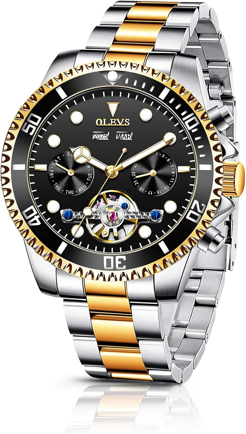 OLEVS Men's Stainless Steel Chronograph Watch, Big Face Gold Silver Black Tone Easy to Read Analog Quartz Watch, Luxury Waterproof Date Diamond Roman Arabic Numerals Dial Dress Watch for Men