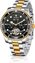 OLEVS Men's Stainless Steel Chronograph Watch, Big Face Gold Silver Black Tone Easy to Read Analog Quartz Watch, Luxury Waterproof Date Diamond Roman Arabic Numerals Dial Dress Watch for Men