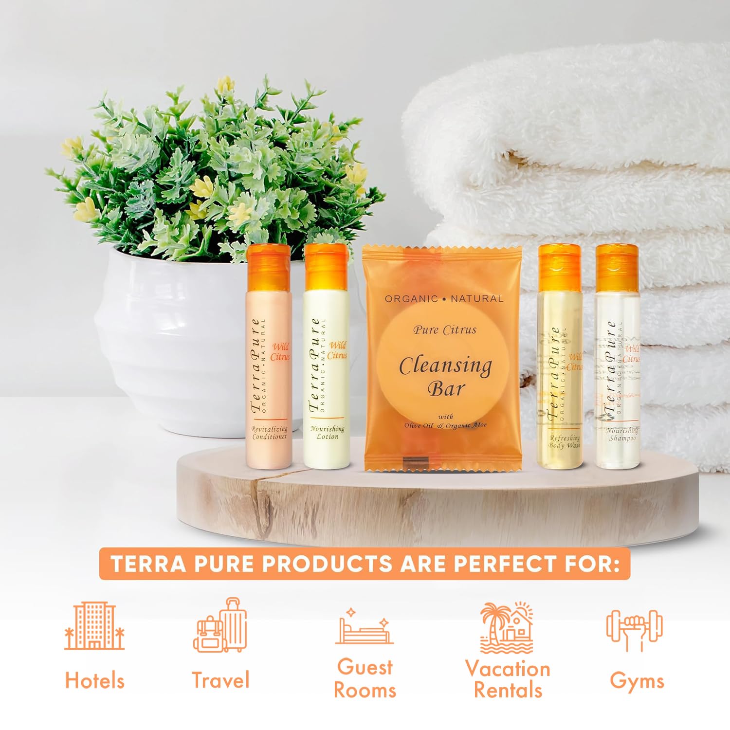 Terra Pure Wild Citrus Hotel Amenities Set | 1-Shoppe Amenities Kit | 1oz Shampoo, Conditioner, Body Wash, Lotion, Bar Soap | Travel Size | 300 Pieces