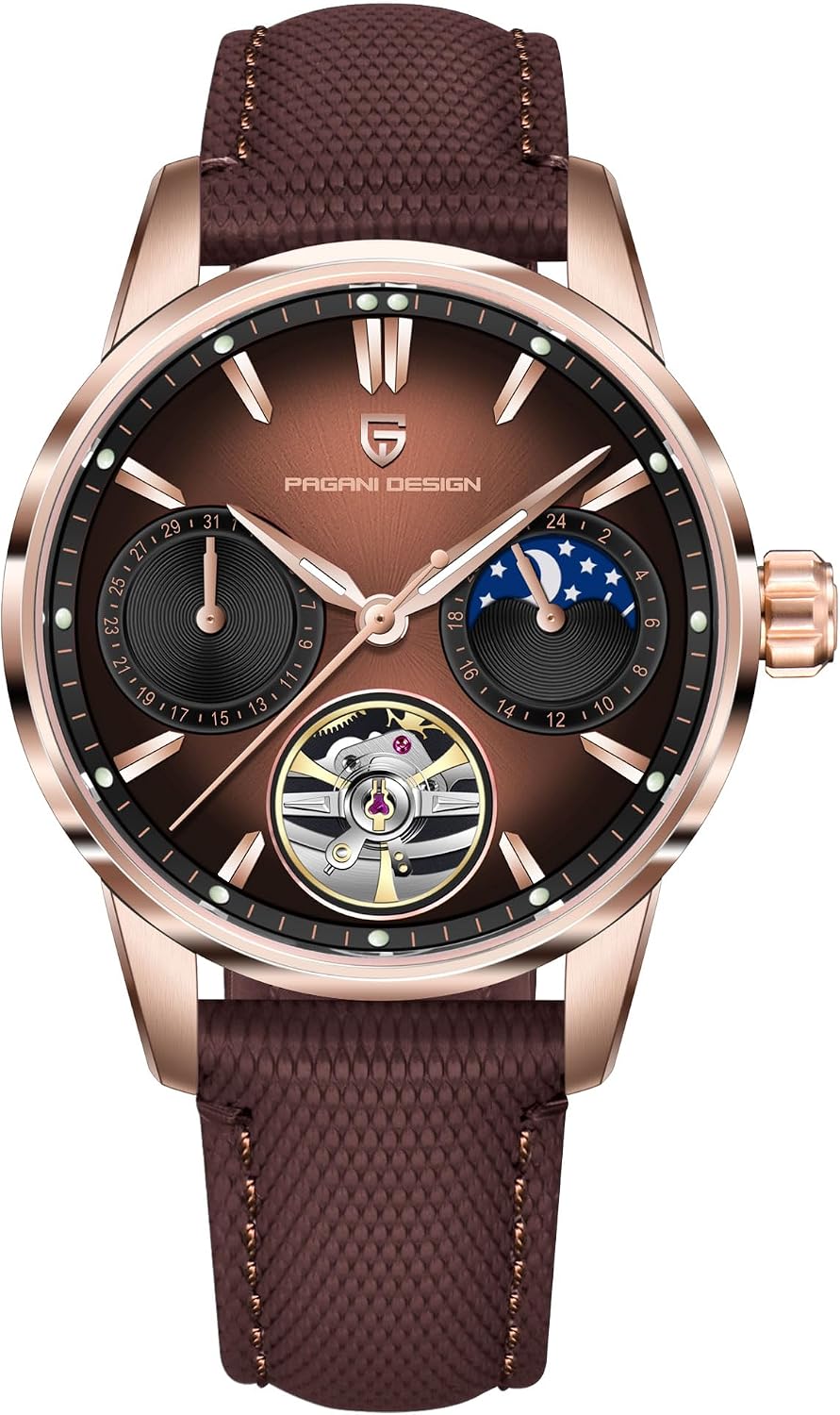 Pagani Design Luxury Men's Automatic Watch Skeleton Tourbillon Moon Phase Stainless Steel 100m Waterproof Leather Strap Men's Mechanical Watch