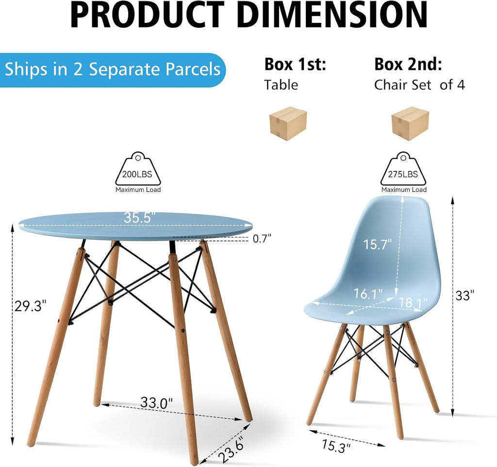 5-Piece Round Dining Table Set, Small 35.5' Kitchen Table Chairs Set of 4 Space Saving Furniture, Plastic Seats, Solid Wood Legs, for Living Room Apartment Office Home, Blue