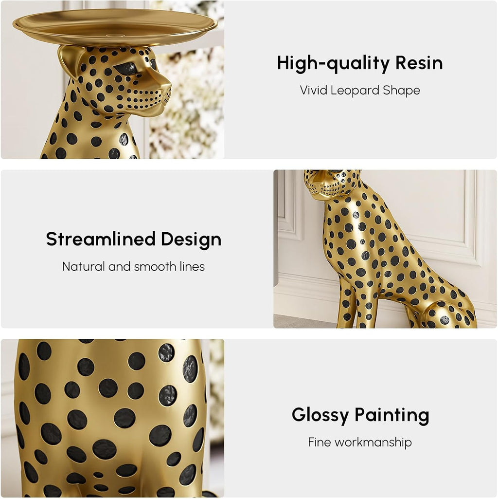 homary Animal Side Table with Tray Top– Gold Leopard Statue Panther Figurine End Table Art Decor for Home & Gifts