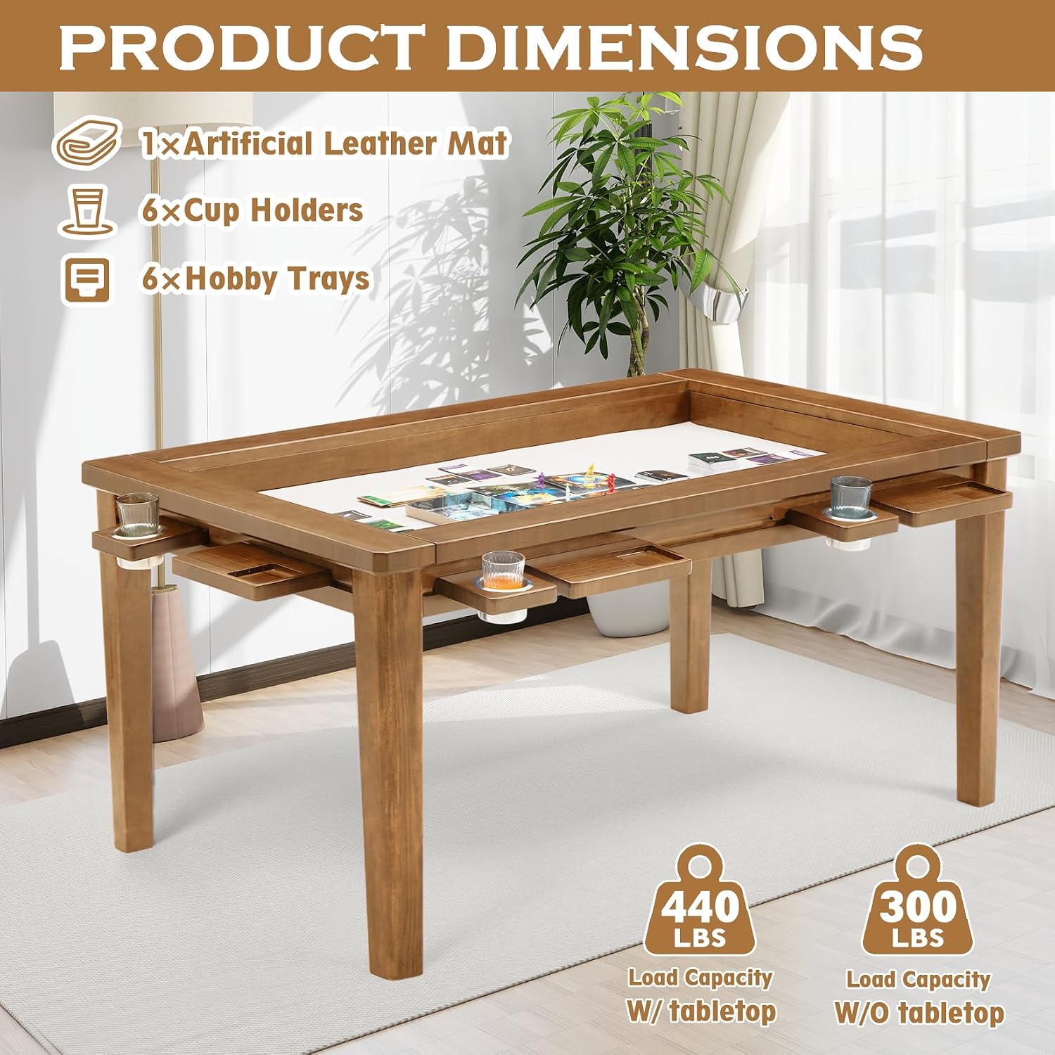 Haddockway 63' ×39' Board Game Table with Removable Top, Solid Wood Dining/Gaming Table for 4-6 Players with Play Mat, 6 Detachable Cup Holders & 6 Hobby Trays(Rosewood)