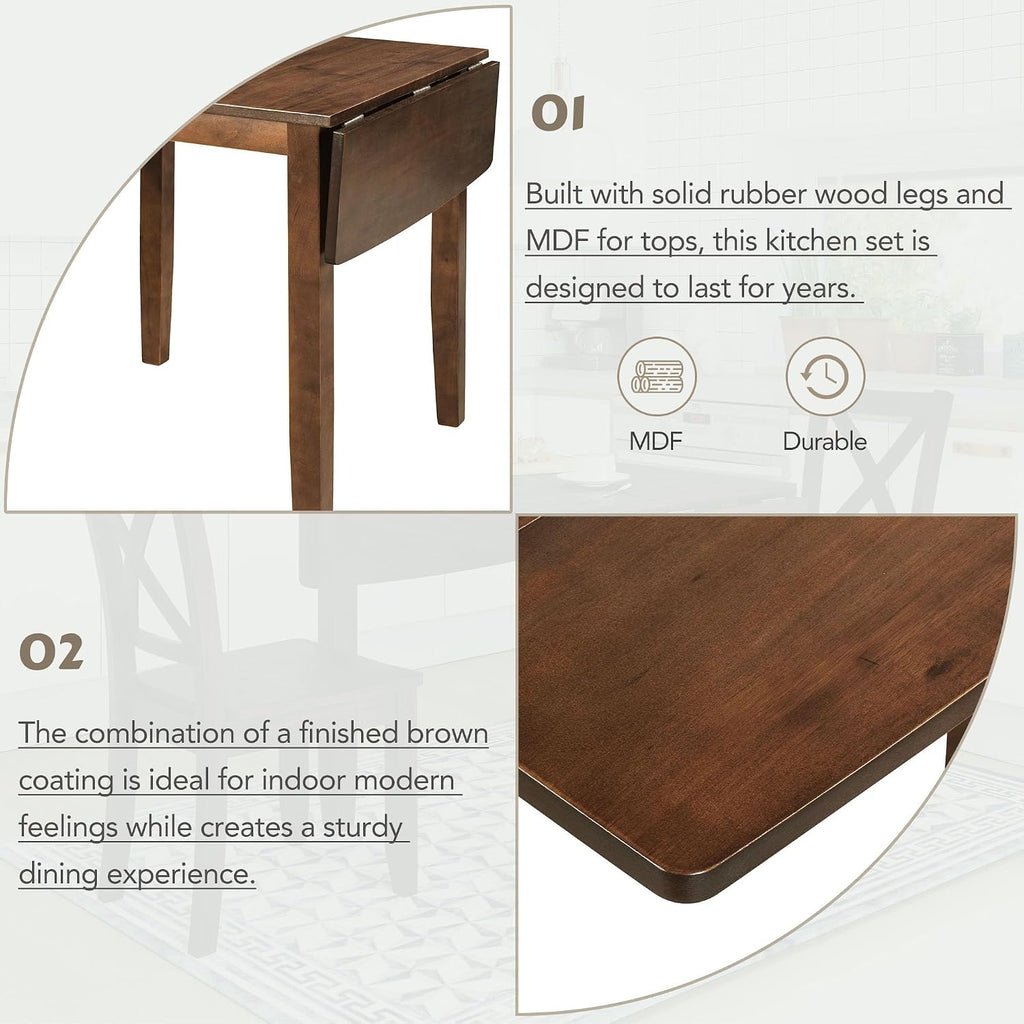 LUMISOL Farmhouse 3-Piece Drop Leaf Dining Table Set with 2 X-Back Chairs, Space-Saving Wood Table and 2 Chairs, Extendable Kitchen Table Set, Walnut