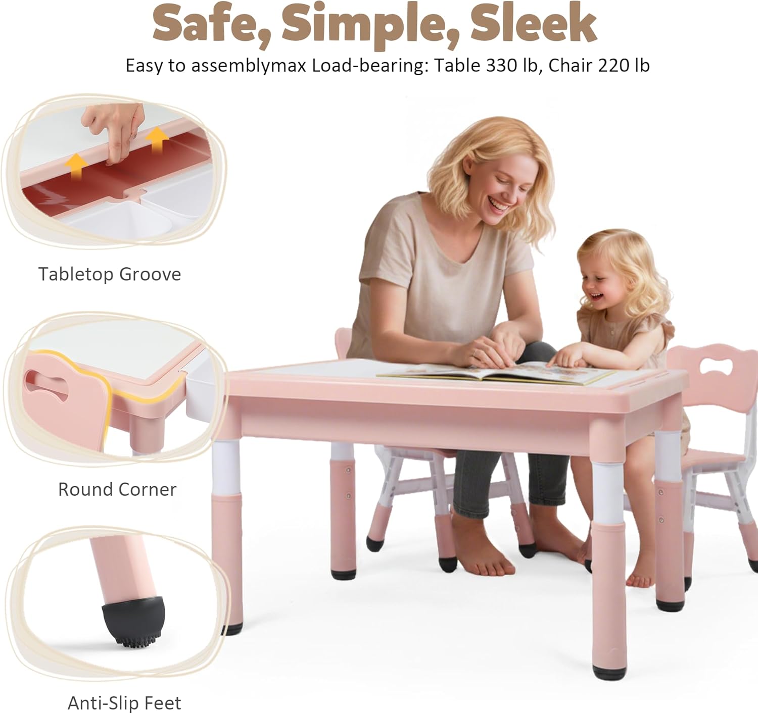 Kids Table and Chairs Set Large Storage, Height Adjustable Toddler Activity Table and 2 Chairs Set, 34.6x24.8' Graffiti/Block Building Desktop, 4 Side Boxes, Kids desk for Home, Preschool, Classroom