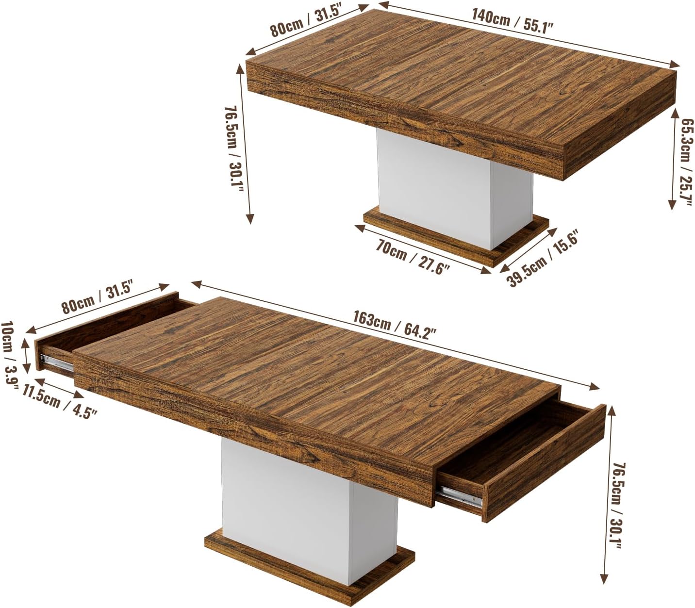 55' Dining Table for 4 to 6 People, Farmhouse Wood Dinner Table with Drawers & Led Lights for Kitchen, Dining Room & Living Room (Oak Brown & White)