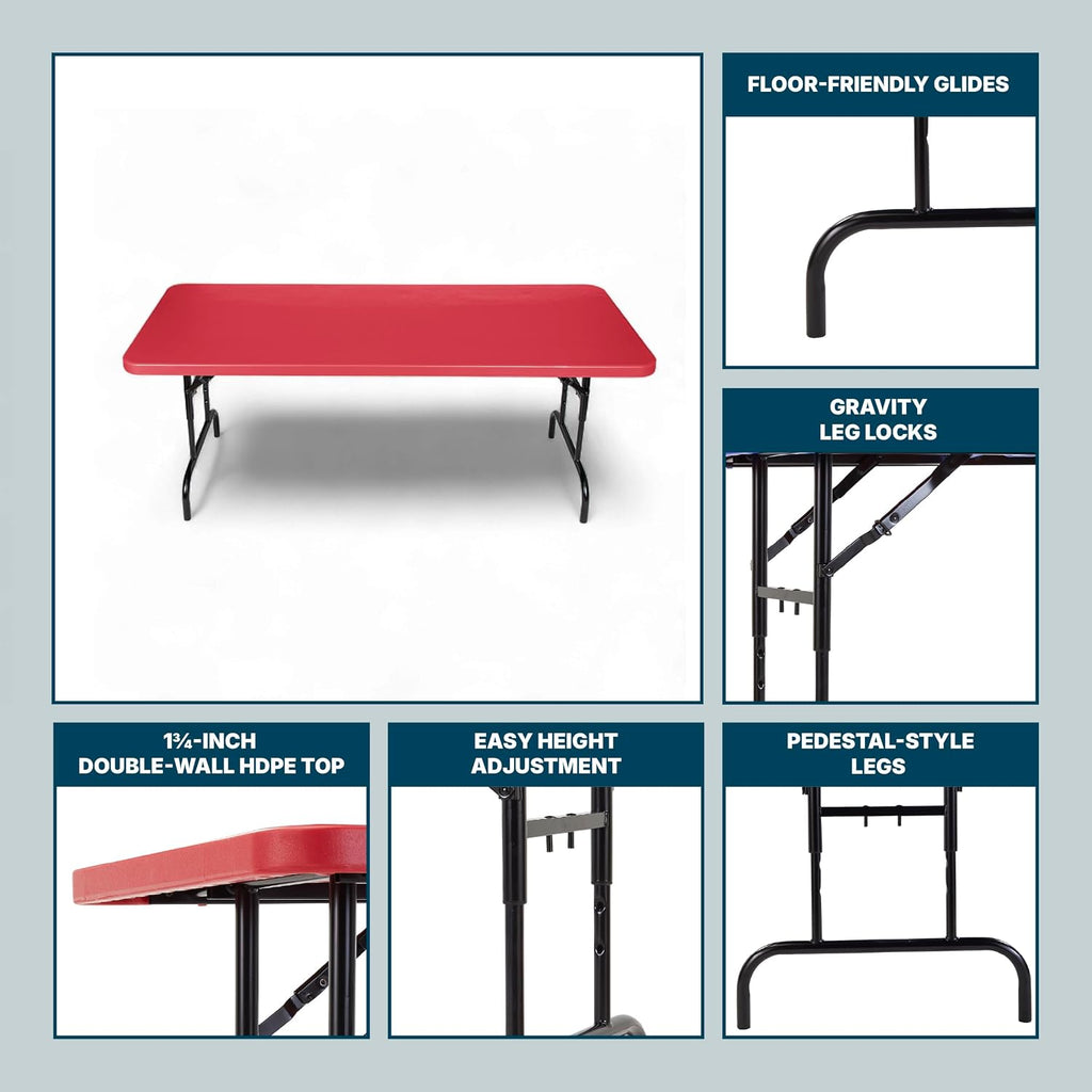 OEF Furnishings OEFBTA-3072-40 Adjustable-Height Commercial-Grade Premium Industrial Folding Table, 6-Foot Pedestal-Leg Design with 17-Gauge Steel Frame and Thick Double-Wall Top (72' × 30', Red Top)