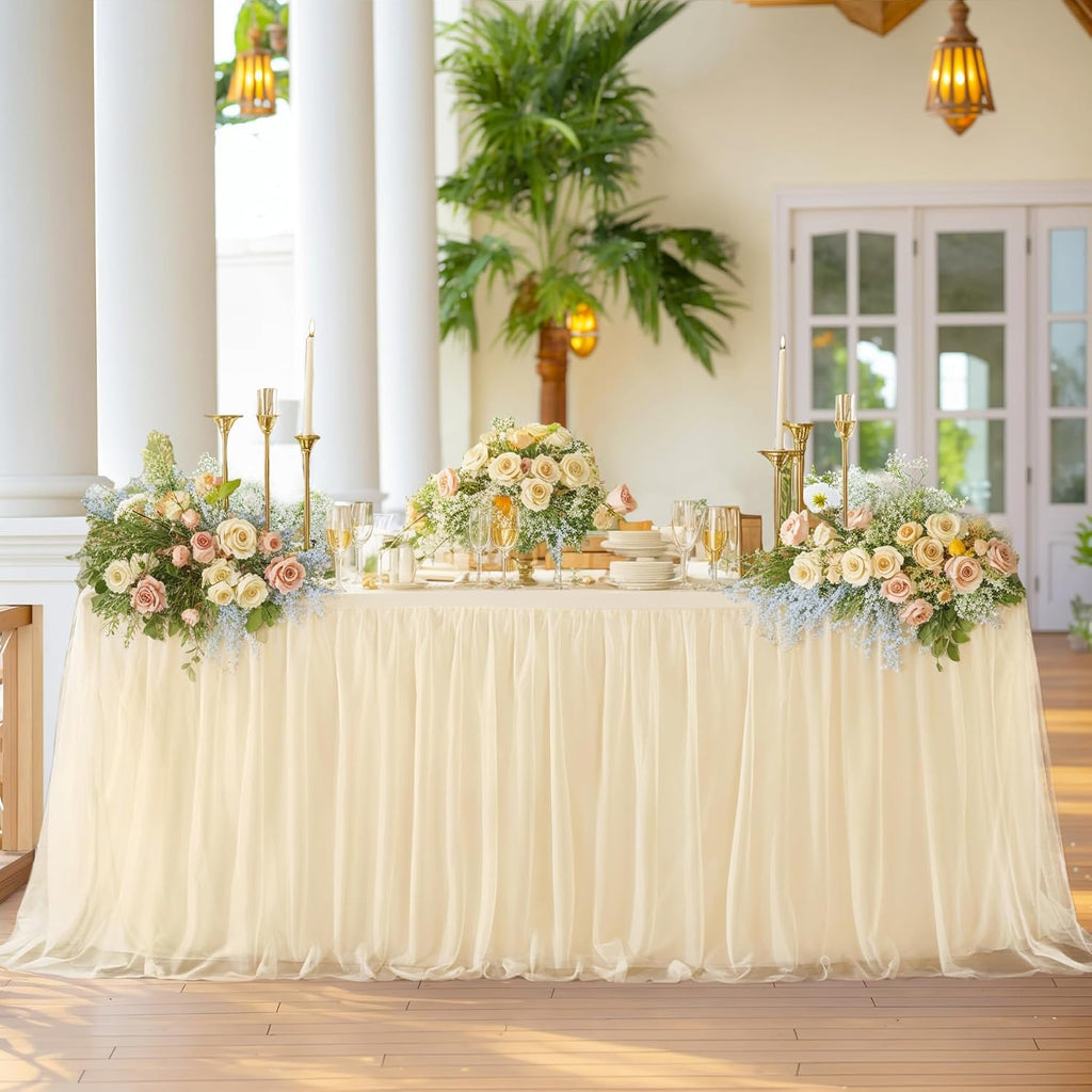 Champagne Table Cloths for 6 Foot Rectangle Tables, Tulle Table Skirt for Rectangle Table 6 ft Fitted Table Cover Desk Skirt Birthday Party Wedding Banquet Tablecloth Elastic Stretch Ruffle Tablecloth