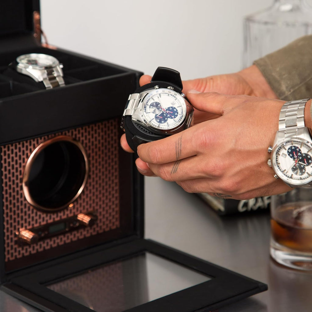 Wolf Axis Watch Winder with Storage - Secure Fit with Patented Lock-in Dynamic Cuff - Accommodates All Wrist Sizes - Vegan Leather - Includes Universal Adapter