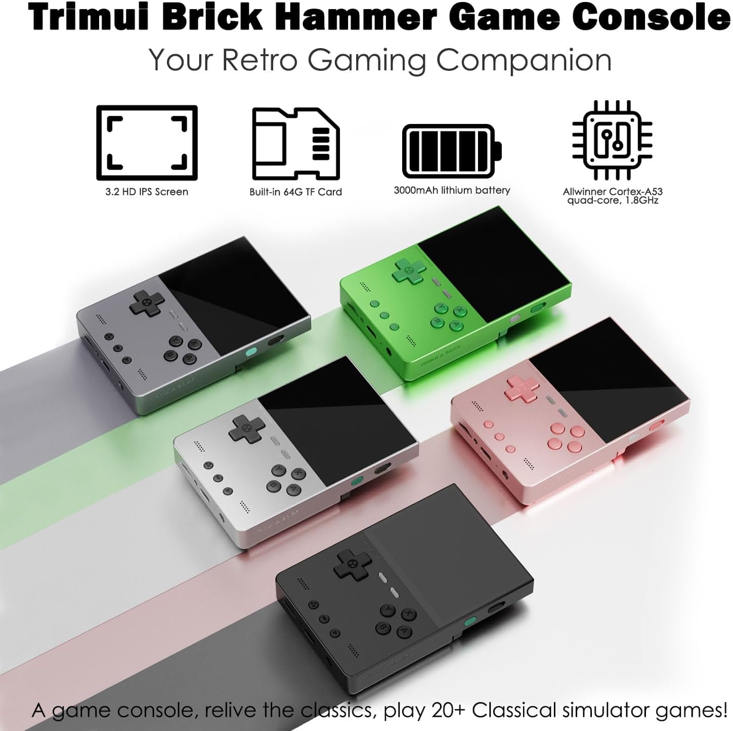 Trimui Brick Hammer Handheld Game Console,3.2 Inch IPS Classic System and 3000mAh Battery Retro Video Games Consoles,with 64G TF Card and Wireless Networt Console Casual Game Console(Silver)