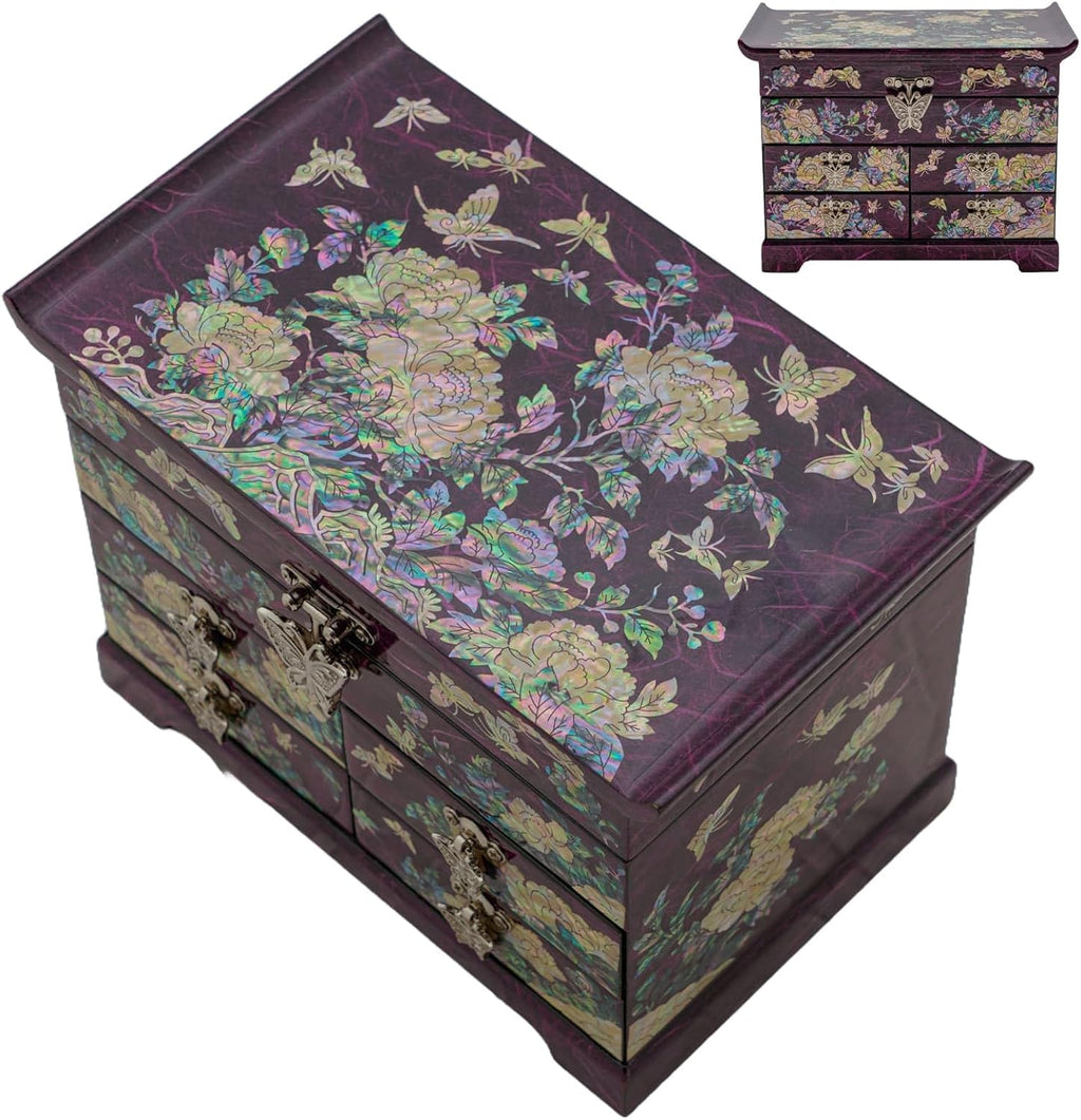 February Mountain Mother of Pearl Wooden Jewelry Organizer Box – Jewelry Storage Box for Women, Features Spacious Drawers, Ideal for Rings, Bracelets, Watches, Chains, Accessories (Peony_Purple)
