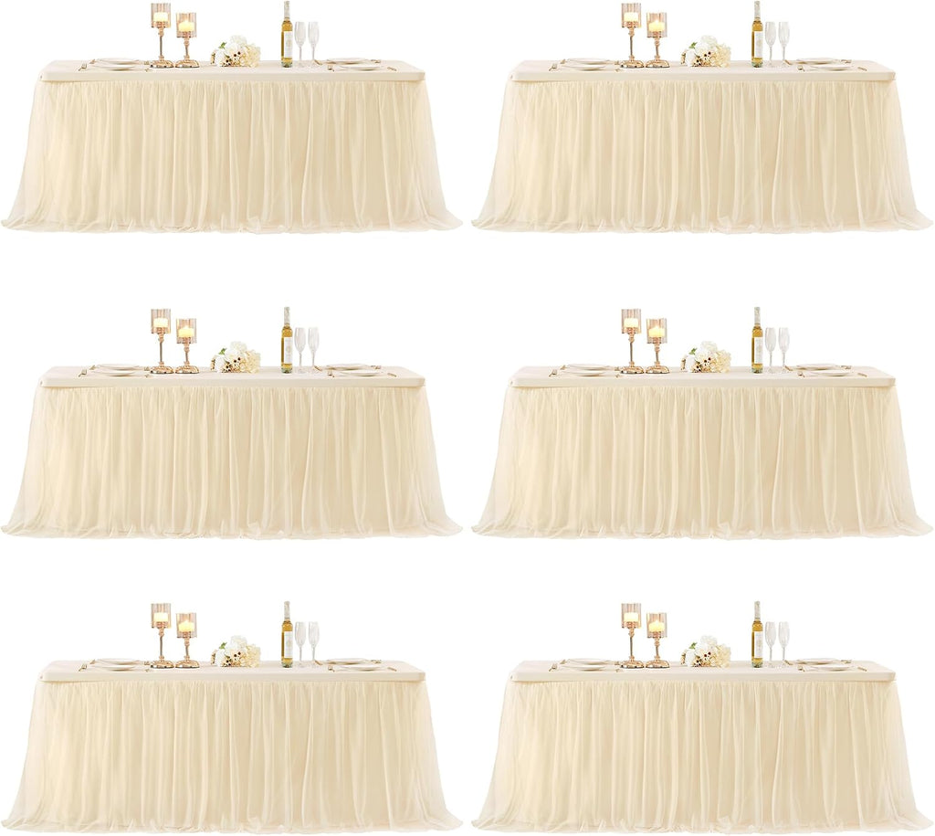 Champagne Table Cloths for 6 Foot Rectangle Tables, Tulle Table Skirt for Rectangle Table 6 ft Fitted Table Cover Desk Skirt Birthday Party Wedding Banquet Tablecloth Elastic Stretch Ruffle Tablecloth