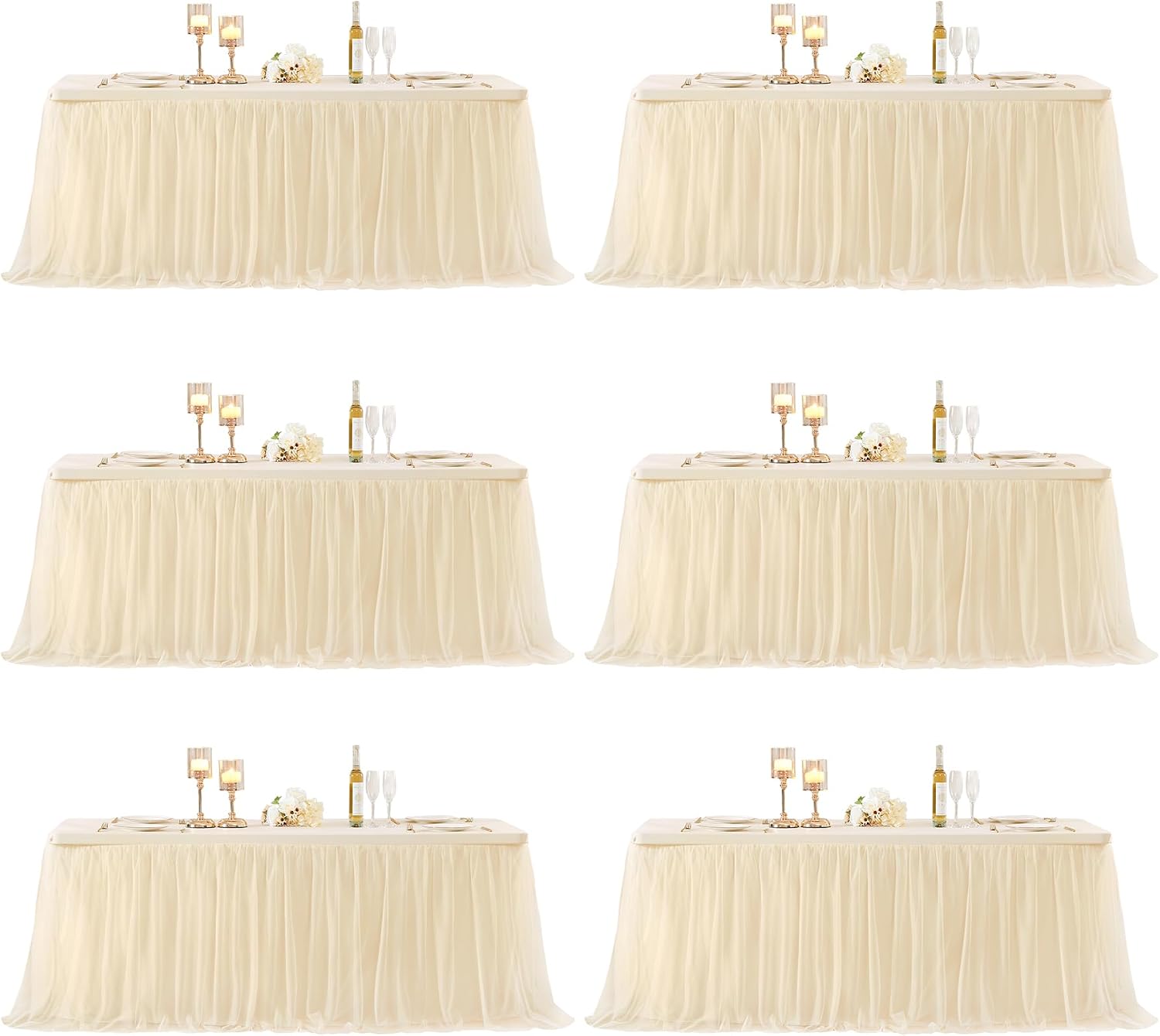Champagne Table Cloths for 6 Foot Rectangle Tables, Tulle Table Skirt for Rectangle Table 6 ft Fitted Table Cover Desk Skirt Birthday Party Wedding Banquet Tablecloth Elastic Stretch Ruffle Tablecloth