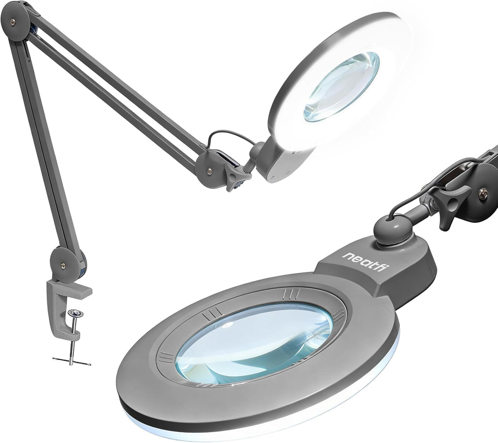 Neatfi XL Bifocal LED Magnifying Lamp, 7' Acrylic Lens, 2.25X/6X Magnification, 1,600 Lumens Dimmable | Hands-Free Close Work | Crafting, Jewelry & Reading (Silver, 7-inch Lens, Non-CCT with Clamp)
