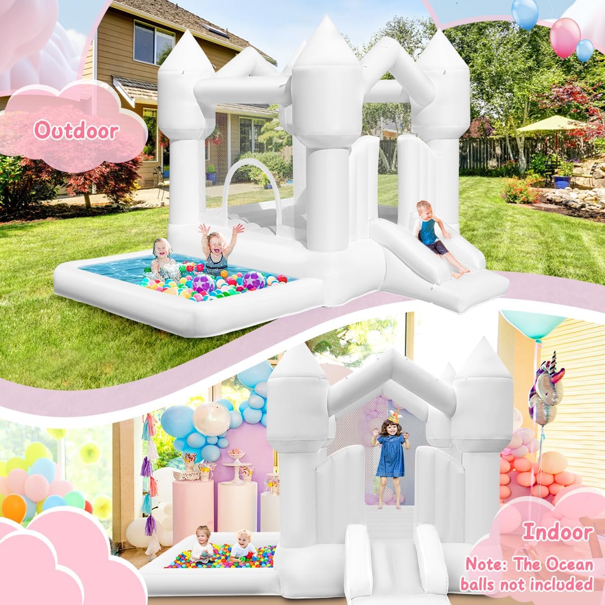 FINCOME Inflatable Bounce House for Kids, White Bounce House with Slide, Jumping Bouncy Castle for Kids Birthday Party, Wedding, Backyard Indoor/Outdoor White (with Blower)