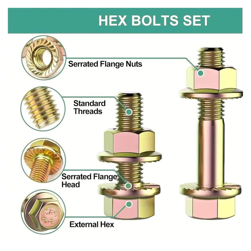 525pcs Assorted Bolts and Nuts Set, M6 M8 M10, Class 8. Serrated Hex
