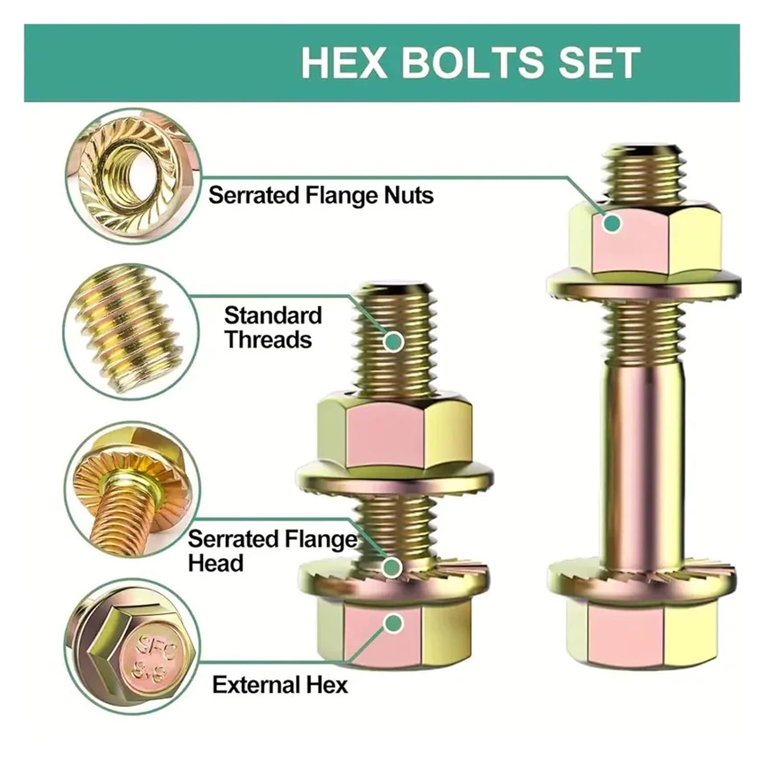 525pcs Assorted Bolts and Nuts Set, M6 M8 M10, Class 8. Serrated Hex