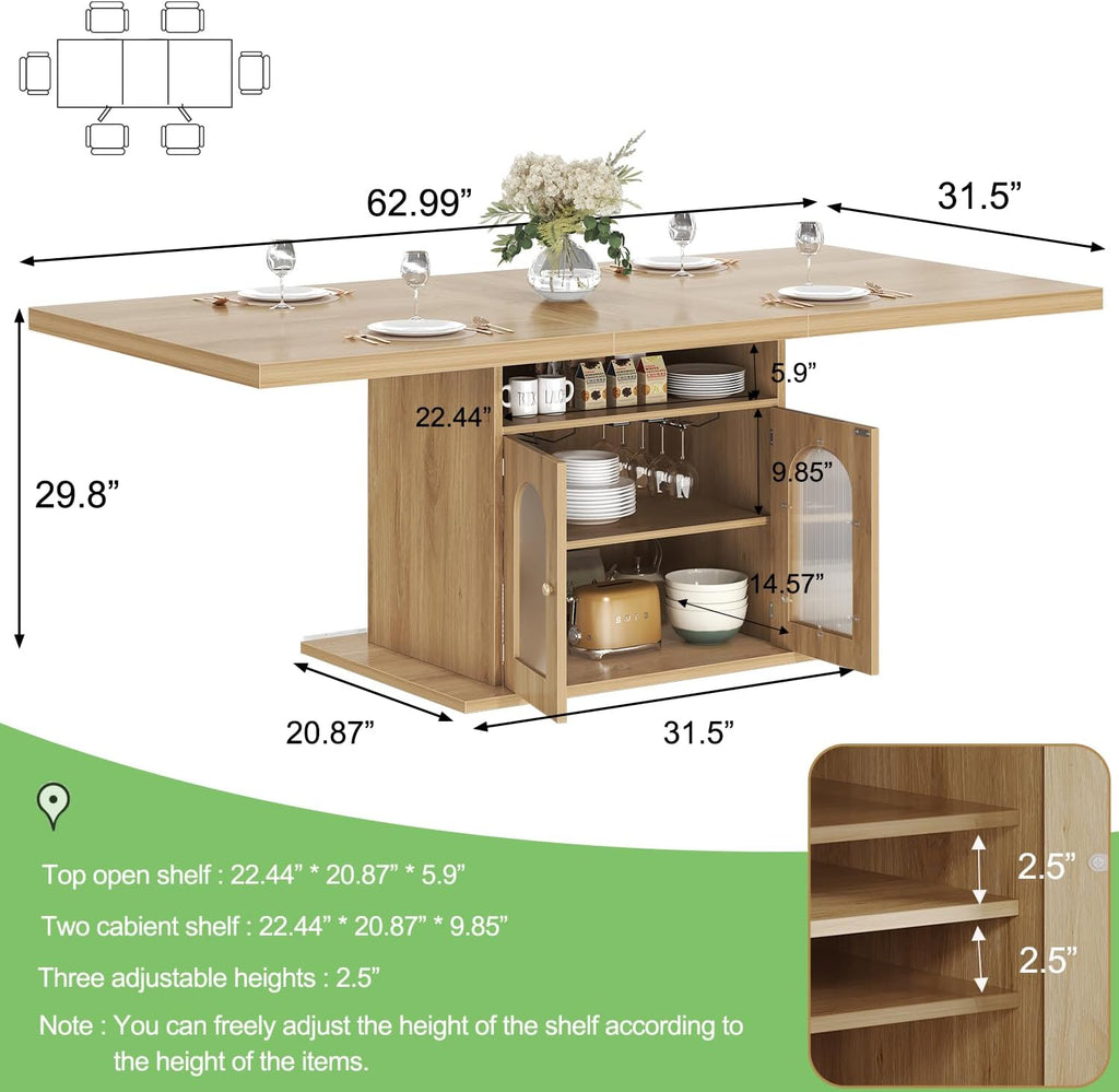 HSH Dining Table for 4–6, 63 Inch Wood Farmhouse Kitchen Table with 3-Tier Storage Shelf and Acrylic Door Cabinet, Rectangular Modern Dining Room Dinner Table for Apartment Home Small Space, Light Oak