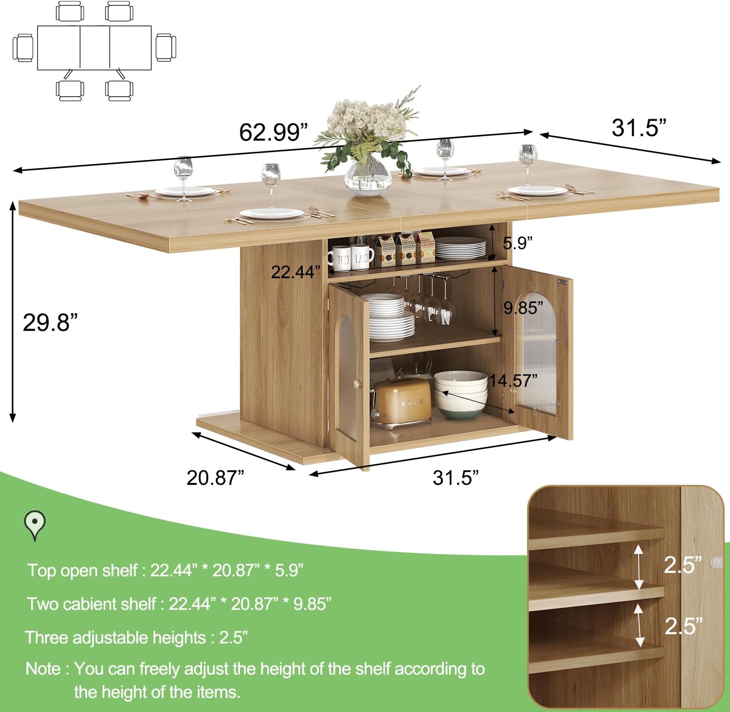 HSH Dining Table for 4–6, 63 Inch Wood Farmhouse Kitchen Table with 3-Tier Storage Shelf and Acrylic Door Cabinet, Rectangular Modern Dining Room Dinner Table for Apartment Home Small Space, Light Oak