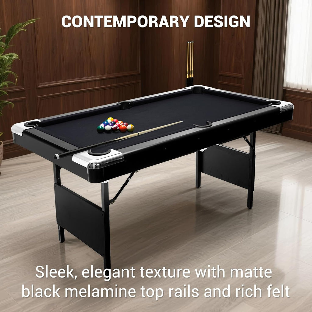 7 Foot Pool Table for Family, Foldable No Assembly Pool Table with Balls, Cues, Chalk, Rack & Brush, Portable Billiards Game Table for Apartment, Basement, Office & Game Room