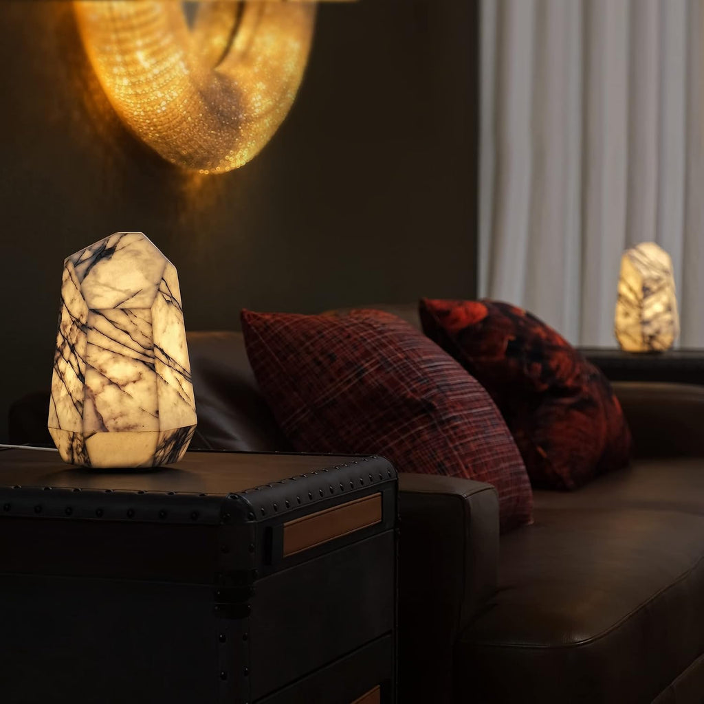 Handcrafted Real Marble Table Lamp, Stone Lamp with Tri-Color Dimmable LED, Bedside Lamp, Small Table Lamp for Home Decor, Accent Table Lamp for Bedroom Living Room, Multifacet